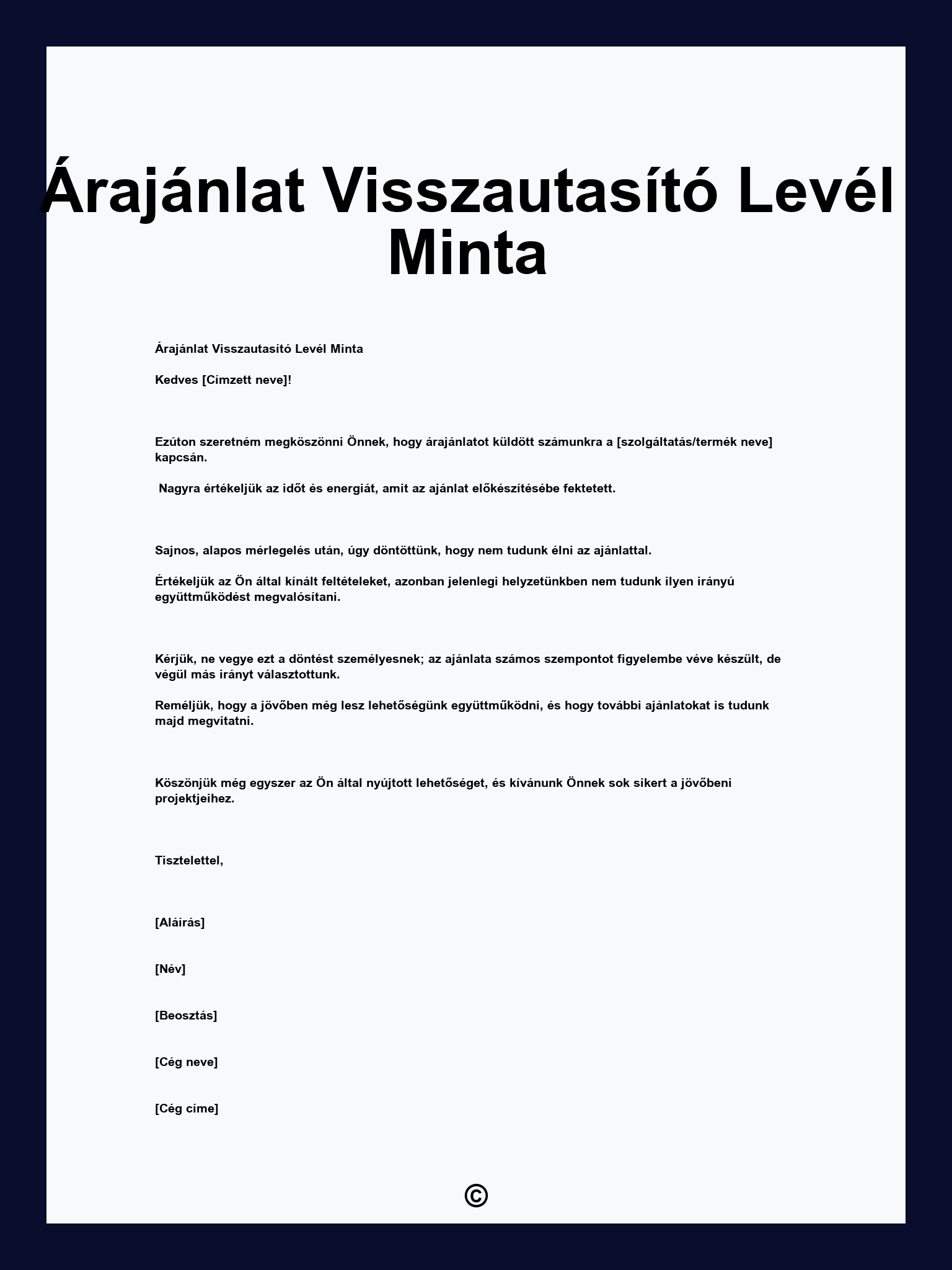 Árajánlat Visszautasító Levél Minta