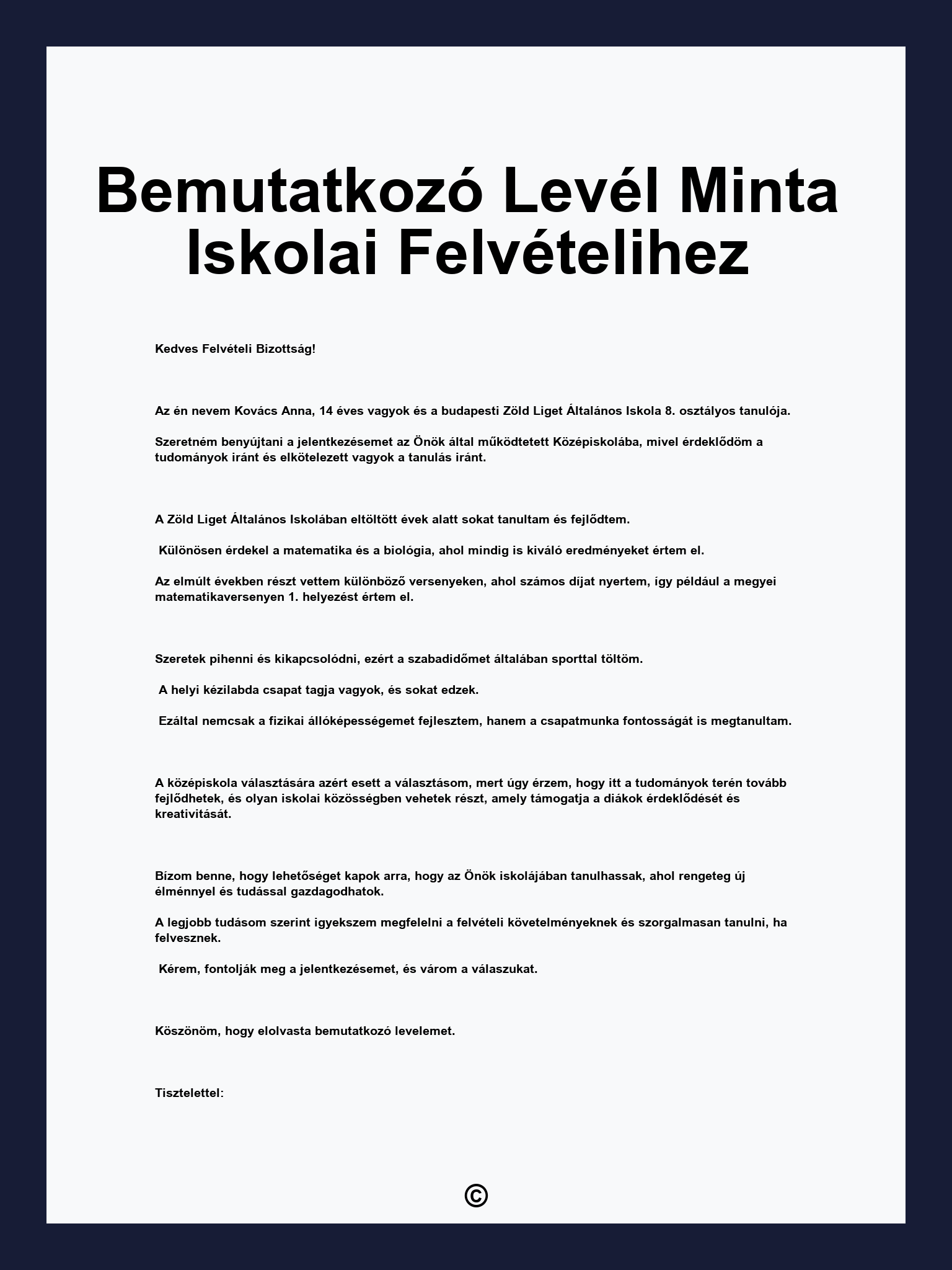 Bemutatkozó Levél Minta Iskolai Felvételihez