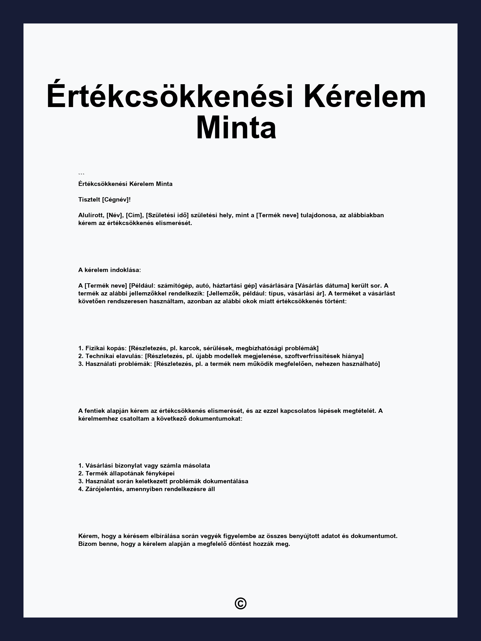 Értékcsökkenési Kérelem Minta