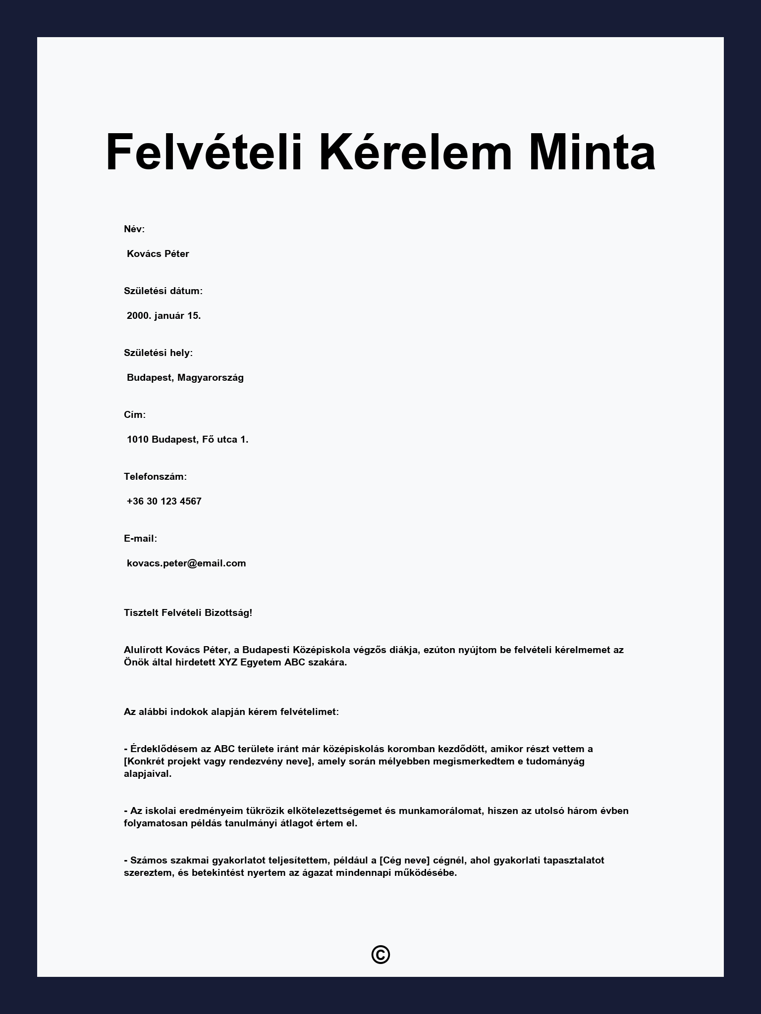 Felvételi Kérelem Minta